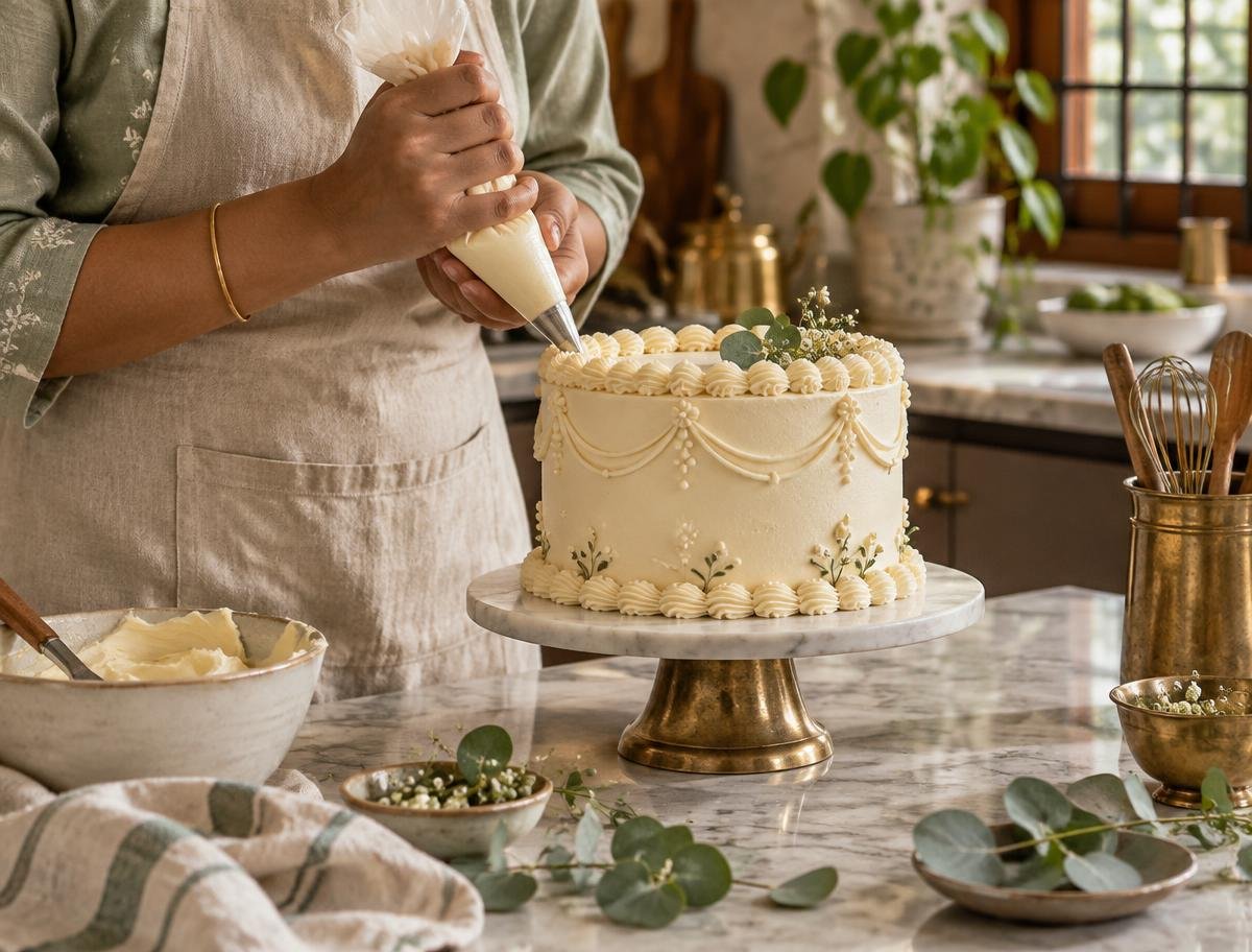 Izza's hands piping the finishing touches onto a handmade cake